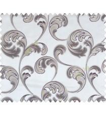 Large scroll with beige dark brown flower with embossed look on half white cream shiny fabric main curtain